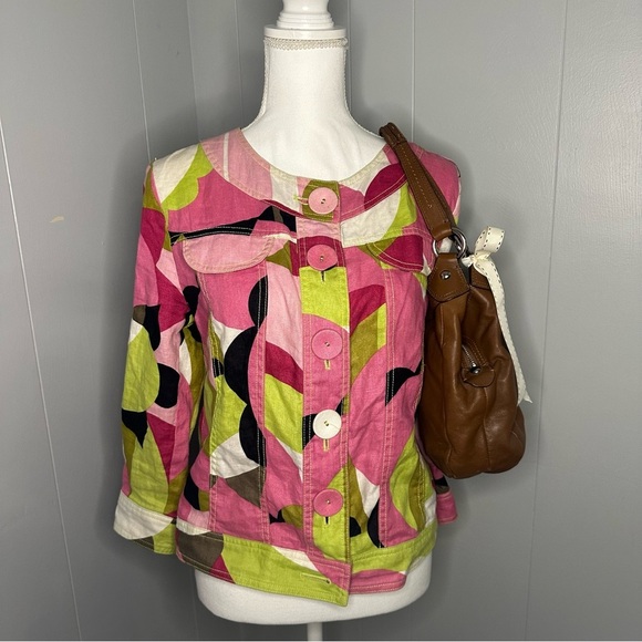 Y2K Retro Mod Linen Jacket – Colorblock Pink Green Abstract Print - Picture 1 of 9